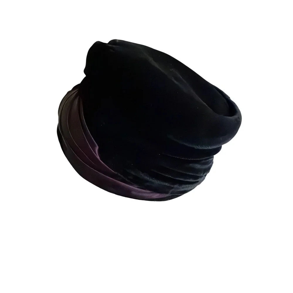 Vintage Pillbox Hat Black Velvet Burgundy Satin Draped Union Made Retro 50s 60s - Picture 2 of 7